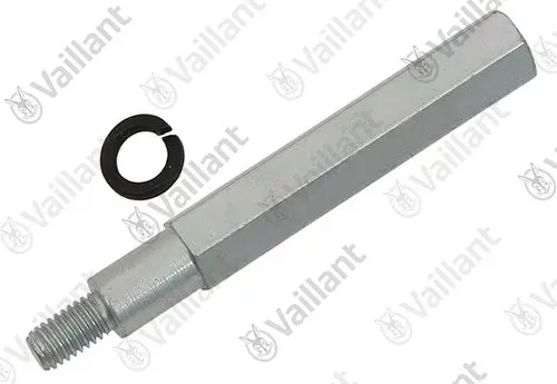 Metallisches Distanzstück mit einem quadratischen und einem gewindeendspezifischen Teil, zusammen mit einem schwarzen Sicherungsring. Produkt von Vaillant.